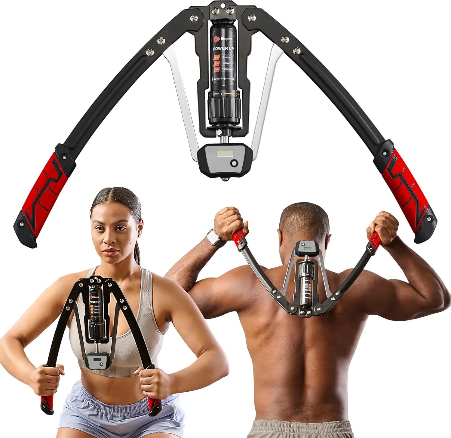 Two people train with the Hydraulic Power Chest Expander and Arm Twister Trainer Exerciser—she uses it at her chest, he exercises arms behind his neck. A close-up highlights this adjustable resistance (22–440lb) smart counter workout equipment.