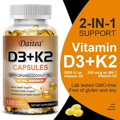 A bottle of Vegan Vitamin D3 K2 Capsules with organic coconut oil is shown on a graphic background. Highlights: 2-IN-1 SUPPORT, Vitamin D3+K2, unisex, 120 vegan capsules, lab tested, GMO-free, gluten & soy free.