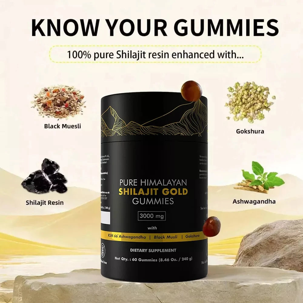 Gomitas de Shilajit Puro del Himalaya, 3000 mg de Shilajit de Grado Dorado con Ashwagandha y Gokshura para fortalecer el sistema inmunitario y aumentar la energía.