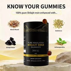 Gomitas de Shilajit Puro del Himalaya, 3000 mg de Shilajit de Grado Dorado con Ashwagandha y Gokshura para fortalecer el sistema inmunitario y aumentar la energía.