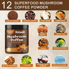 Infographic of a 227g bottle of Mutsweet Lion's Mane Mushroom Coffee with Reishi—showcasing 12 key ingredients for memory, focus, stress relief, and mood. A unique unisex supplement alternative to mushroom capsules.