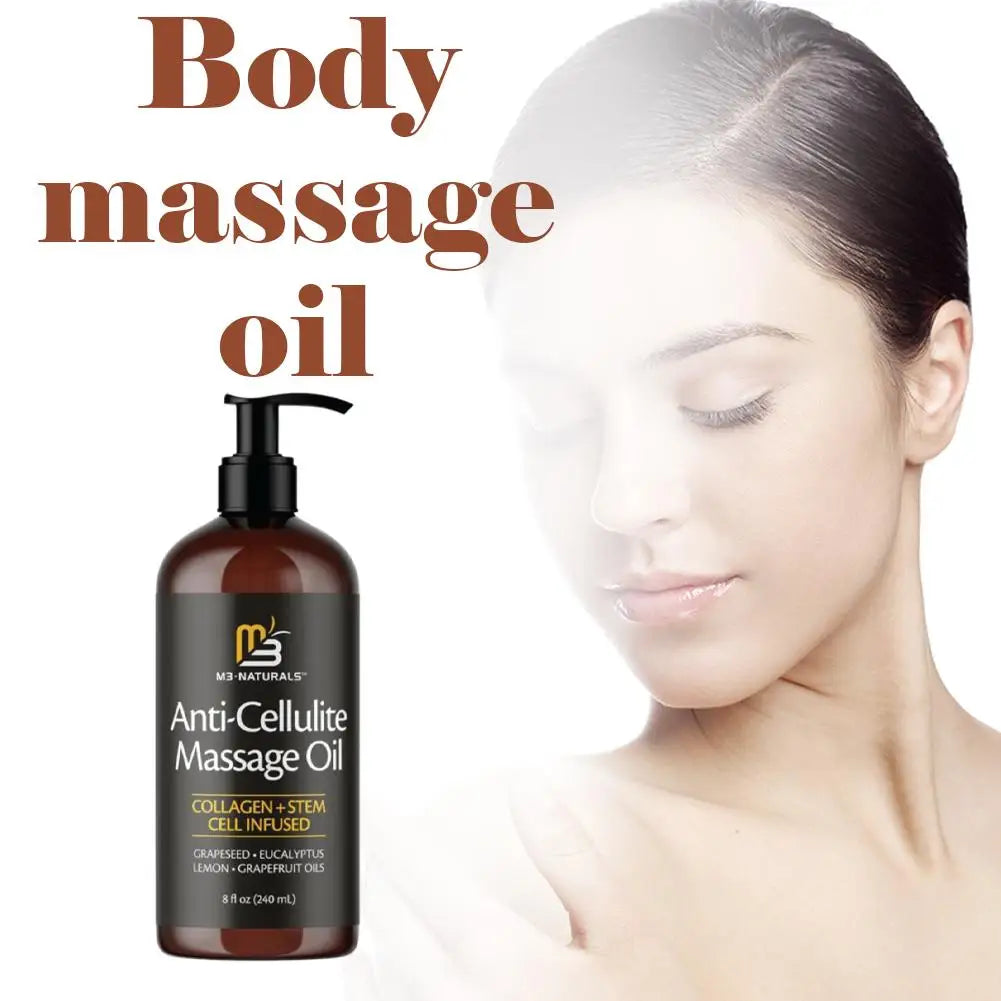 A bottle of M3 Anti-cellulite Massage Oil 240ml is displayed before a woman with smooth skin, eyes closed, gently touching her shoulder. “Body massage oil” appears in bold at the top. The formula nourishes deeply, firms skin, and helps repair dryness.