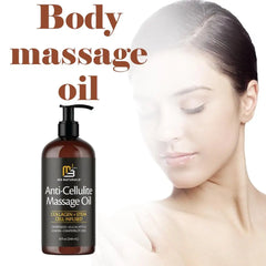A bottle of M3 Anti-cellulite Massage Oil 240ml is displayed before a woman with smooth skin, eyes closed, gently touching her shoulder. “Body massage oil” appears in bold at the top. The formula nourishes deeply, firms skin, and helps repair dryness.