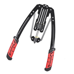 Hydraulic Arm Exerciser Adjustable Resistance Home Fitness Equipment features a black metal frame, resistance dial, and red textured handles for unisex arm and hand muscle strength training. Easy to use.