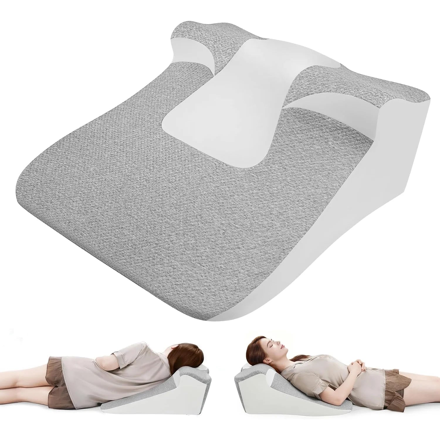The Bed Wedge Sleeping Pillow for Acid Reflux is a gray and white ergonomic memory foam pillow with a cutout section, shown alone and used by a woman for neck and back support while reading or resting.