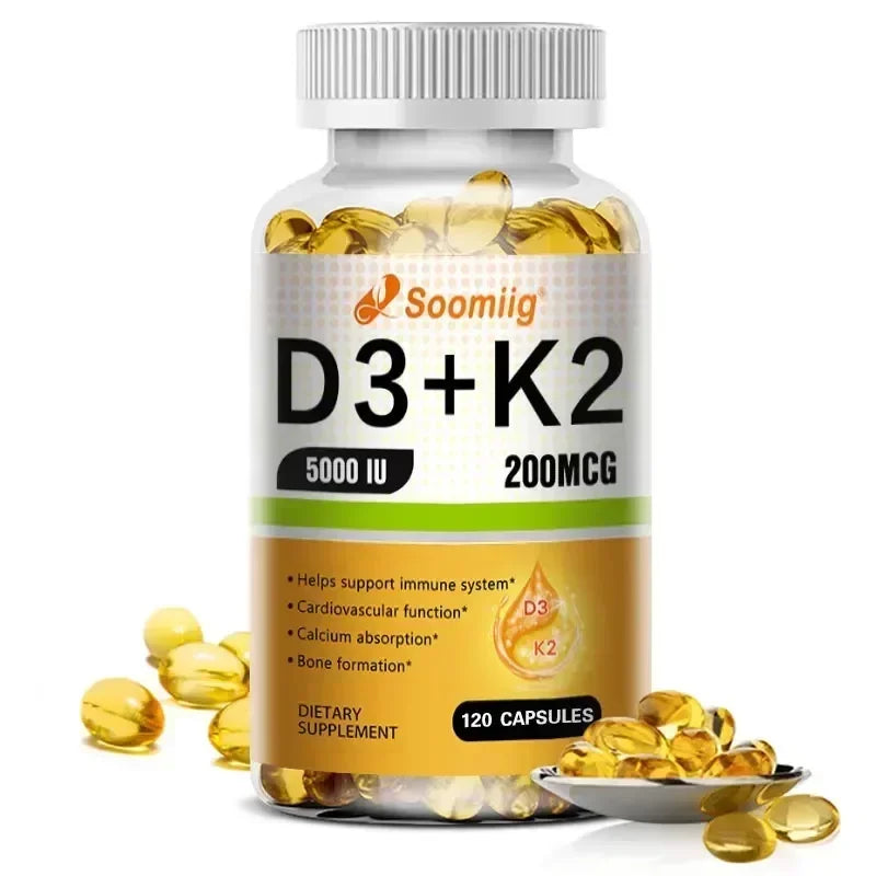 A bottle labeled Vitamin D3 5000IU and 200 Mcg Vitamin K2 (MK-7) Capsules for Calcium Absorption, Bone Regeneration, Immune Support, Easy To Melt, with yellow capsules inside and around it. The label highlights key health benefits.