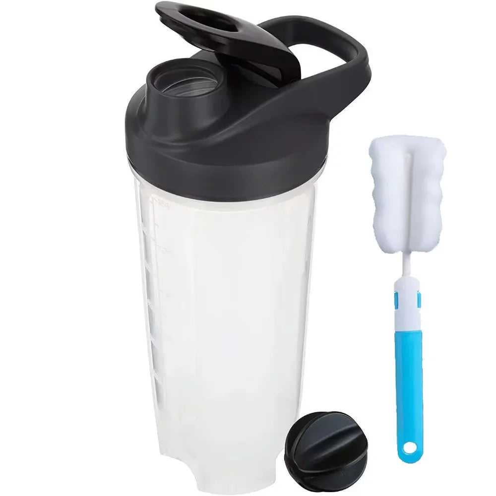 The 28 oz Shaker Bottle for Protein Shakes features a ball blender whisk, black flip-top lid, mixing cap, and handle. Paired with a blue and white chemical-free cleaning brush. Perfect for travel and smooth mixing. Designed in Mainland China.