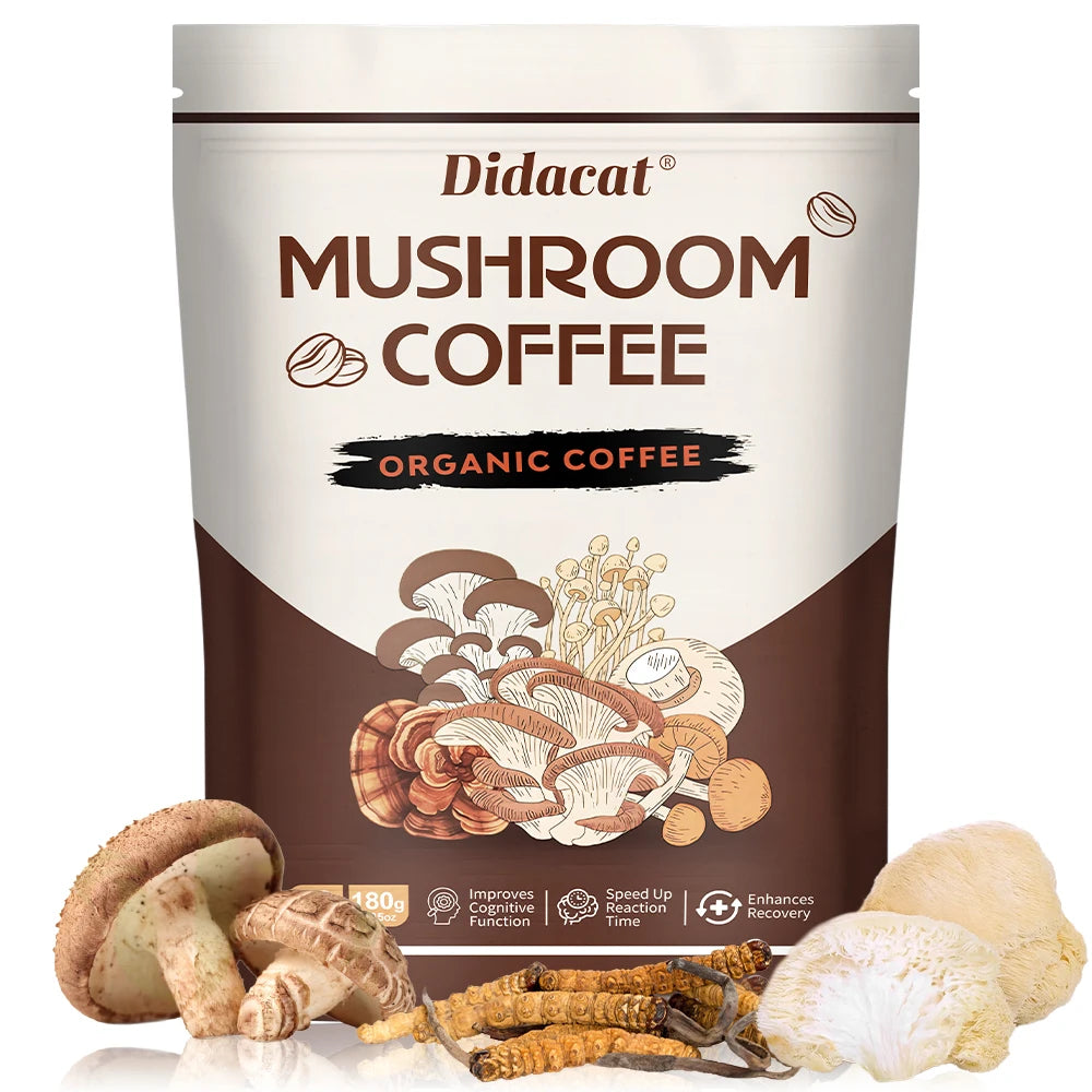 A package of Mushroom Coffee - Organic Coffee with Lion’s Mane, Chaga, Cordyceps, Reishi, and Shiitake features the Shandong run'an Biotechnology branding and mushroom illustrations. Assorted real mushrooms sit in front, including lion’s mane.