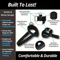 An infographic shows the 12-Piece Heavy Duty Resistance Boxing Training Set with black ankle and wrist straps, heavy-duty rings, reinforced stitching, and foam padding. Labels emphasize durability, comfort, and adjustable straps for strength training support.