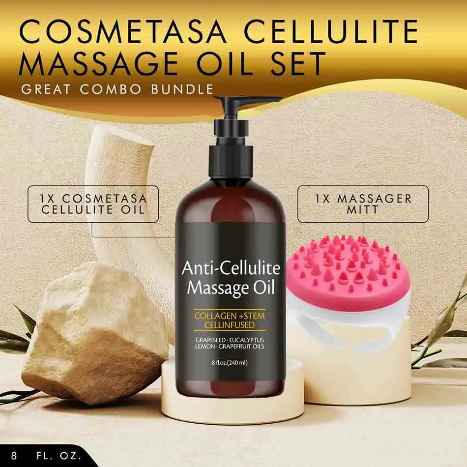 A 240ml bottle of Anti Cellulite Massage Oil Infused with Collagen and Stem Cells stands between a pink massage mitt and rocks, highlighting this skin-tightening, moisturizing body oil combo set.