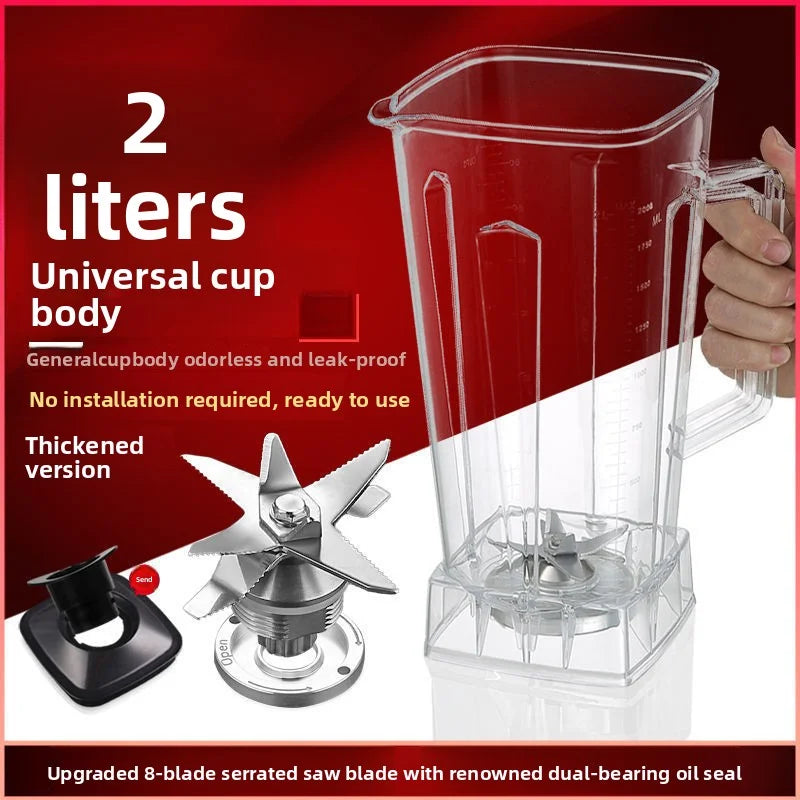 A hand holds the For SILVER CREST Blender Spare Jug, a transparent 2L replacement jug with lid and serrated 8-blade assembly. Features include universal fit, leak-proof design, thickened body, and it's ready to use—made in Mainland China.