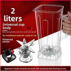 A hand holds the For SILVER CREST Blender Spare Jug, a transparent 2L replacement jug with lid and serrated 8-blade assembly. Features include universal fit, leak-proof design, thickened body, and it's ready to use—made in Mainland China.