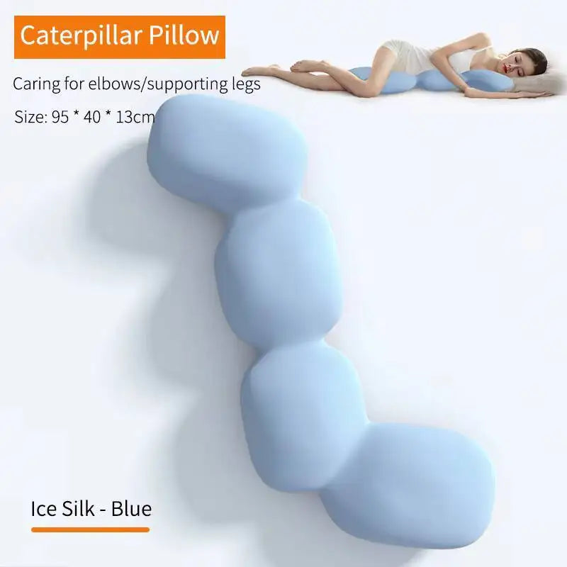 A woman hugs the Memory Foam Hold In Bed Sleeping Body Pillow for Pregnant Women, an orthopedic ice silk cushion in blue (95×40×13 cm) that supports elbows and legs.