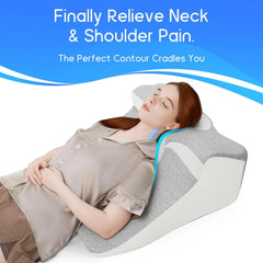 A woman rests on a gray and white Bed Wedge Sleeping Pillow for Acid Reflux or Prone Sleeping. Text above reads: Finally Relieve Neck & Shoulder Pain—the ergonomic pillow contours perfectly to cradle you.