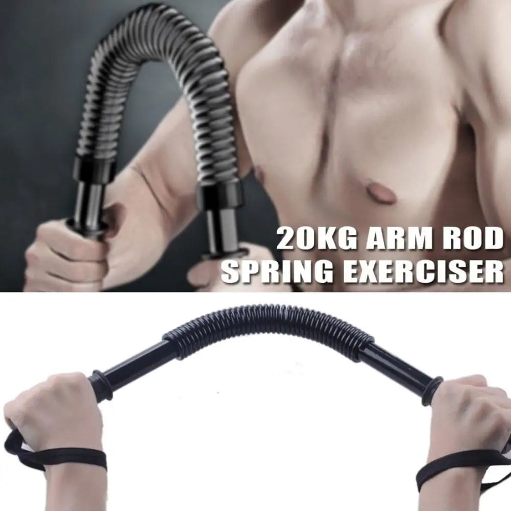 A person uses the Twister Arm Exerciser (20kg/30kg/40kg/50kg Adjustable Spring Workout Bar) to bend the coiled bar with both hands. Shown in use and alone on white. Text: Twister Arm Exerciser for forearm, triceps, chest strengthening.