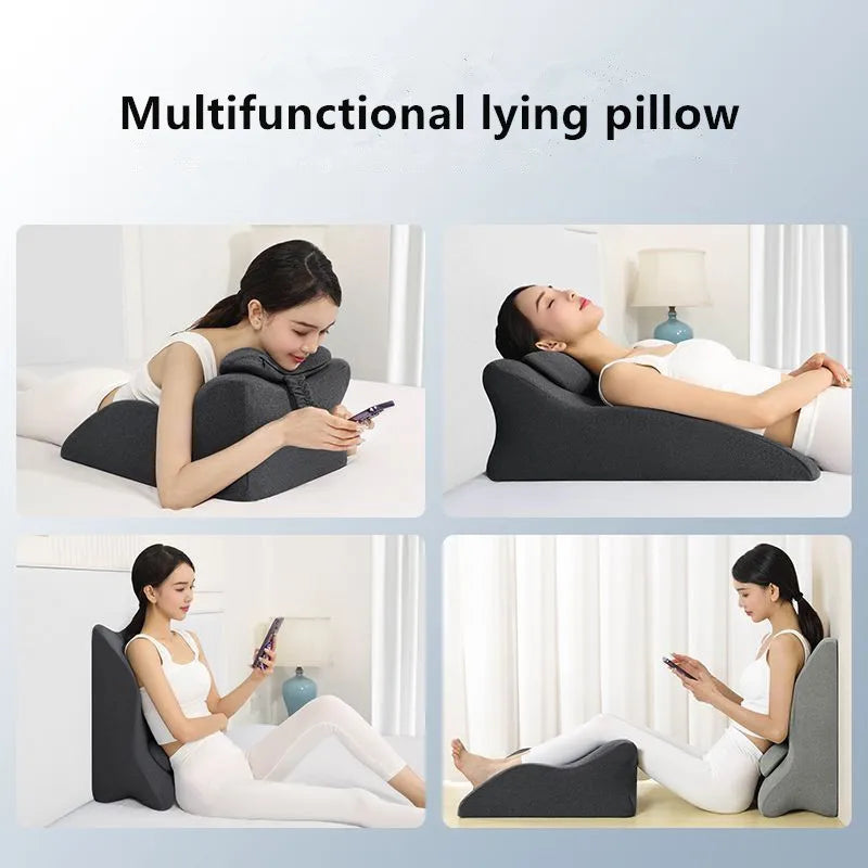 Four images show a woman using the "Lie On The Bed Artifact Multifunctional Prone Position Lie Pillow" in various ways—reclining, lying back, sitting upright, and elevating her legs—with supportive memory foam for comfort.