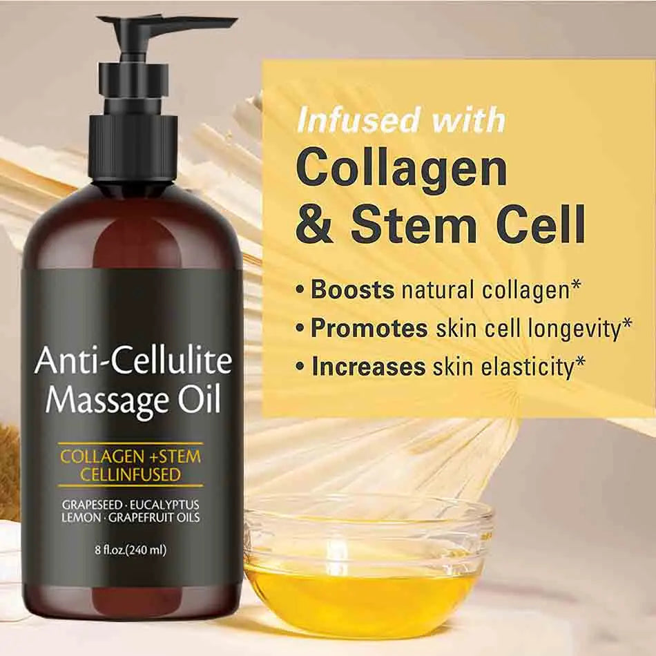 A 240ml bottle of Anti Cellulite Massage Oil Infused with Collagen and Stem Cell Skin Tightening Essential Oil sits beside a small bowl. Text highlights benefits: boosts collagen, promotes longevity, and enhances skin elasticity.