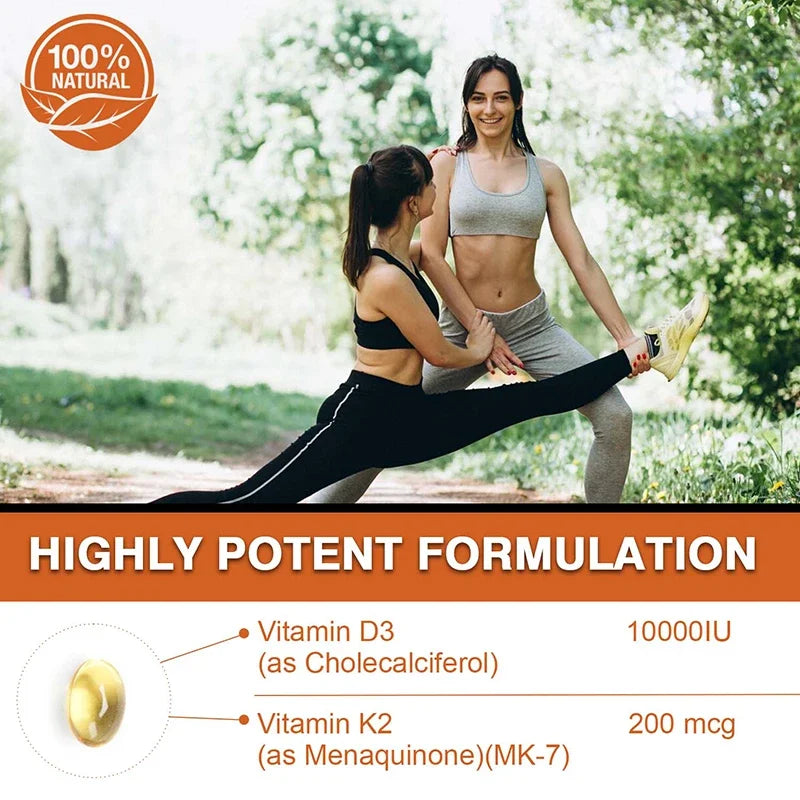 Two women in athletic wear exercise outdoors, one doing a split stretch while the other assists. Text highlights Vitamin D3+K2 Softgels: Highly Potent, 10000 IU D3 & 200 mcg K2 for bone, heart, and immune system health.