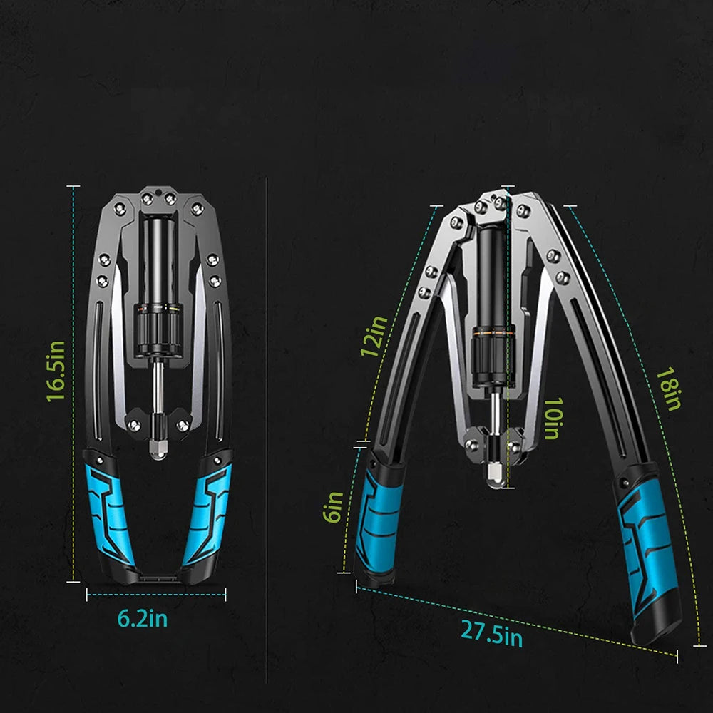 Diagram displaying the Adjustable Hydraulic Power Twister, Arm Forearm Exerciser (folded left, extended right), with labeled height and width. Features black handles with blue grips for muscle strength training in arms, biceps, chest & abdomen.