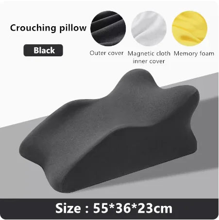 The Lie On The Bed Sleeping Pillow, a black memory foam and magnetic cloth cushion with contoured curves (55 x 36 x 23 cm), is shown. Above are three 100% polyester bedding swatches in black, white, and yellow.