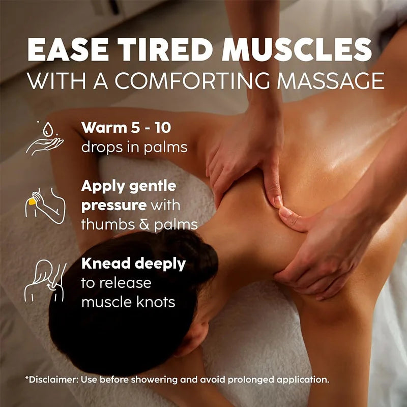 A person receives a massage using Skin Firming Body Massage Oil 240ml. Warm 5-10 drops in your palms, apply with gentle pressure, then knead deeply to ease knots. Use before showering; avoid prolonged use. Suitable for soothing, relaxing skin care.