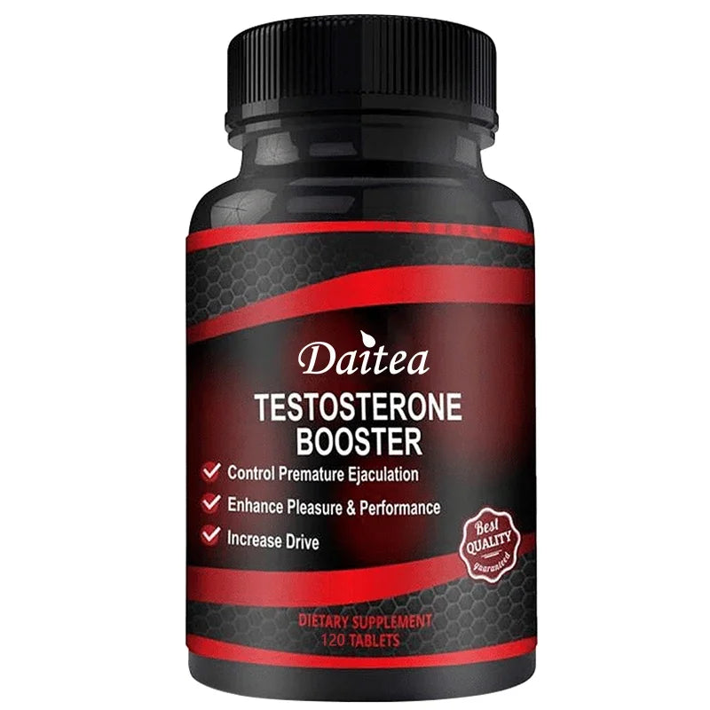 A black and red Daitea Muscle Builder Capsules bottle contains 120 unisex capsules with Ashwagandha Extract, supporting muscle mass increase, anabolic activity, and muscle development.