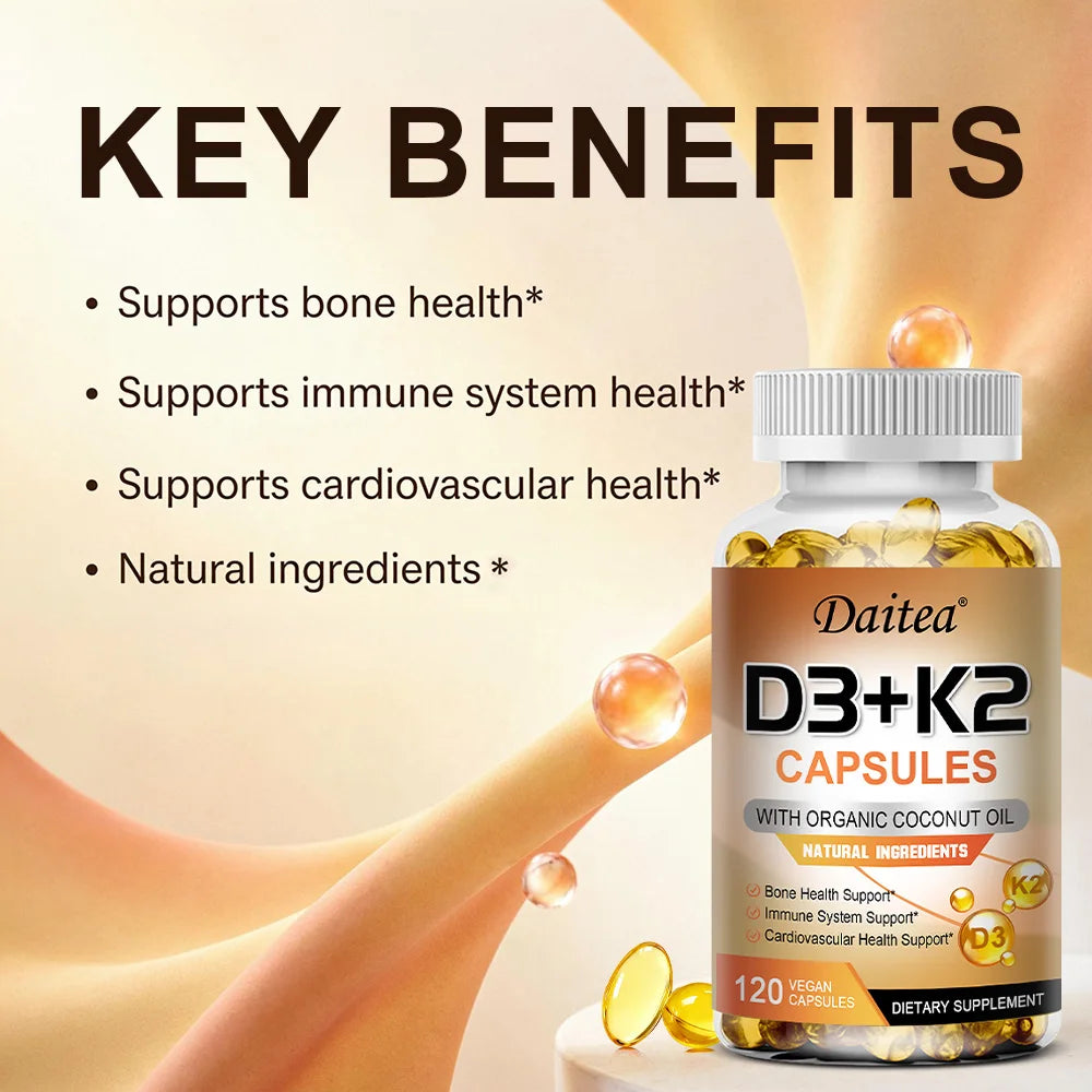 Vitamin D3 K2 Capsule - 5000 IU Vitamin D3 Promotes Strong Bones, Calcium Absorption, Teeth, Heart, Cardiovascular Health