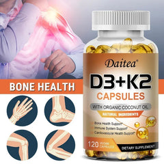 A bottle of Vegan Vitamin D3 K2 Capsules with Organic Coconut Oil is shown, promoting healthy bones and immune support. The label notes it’s gluten & soy free. Illustrations depict joints and a person with highlighted arm pain for visual emphasis.