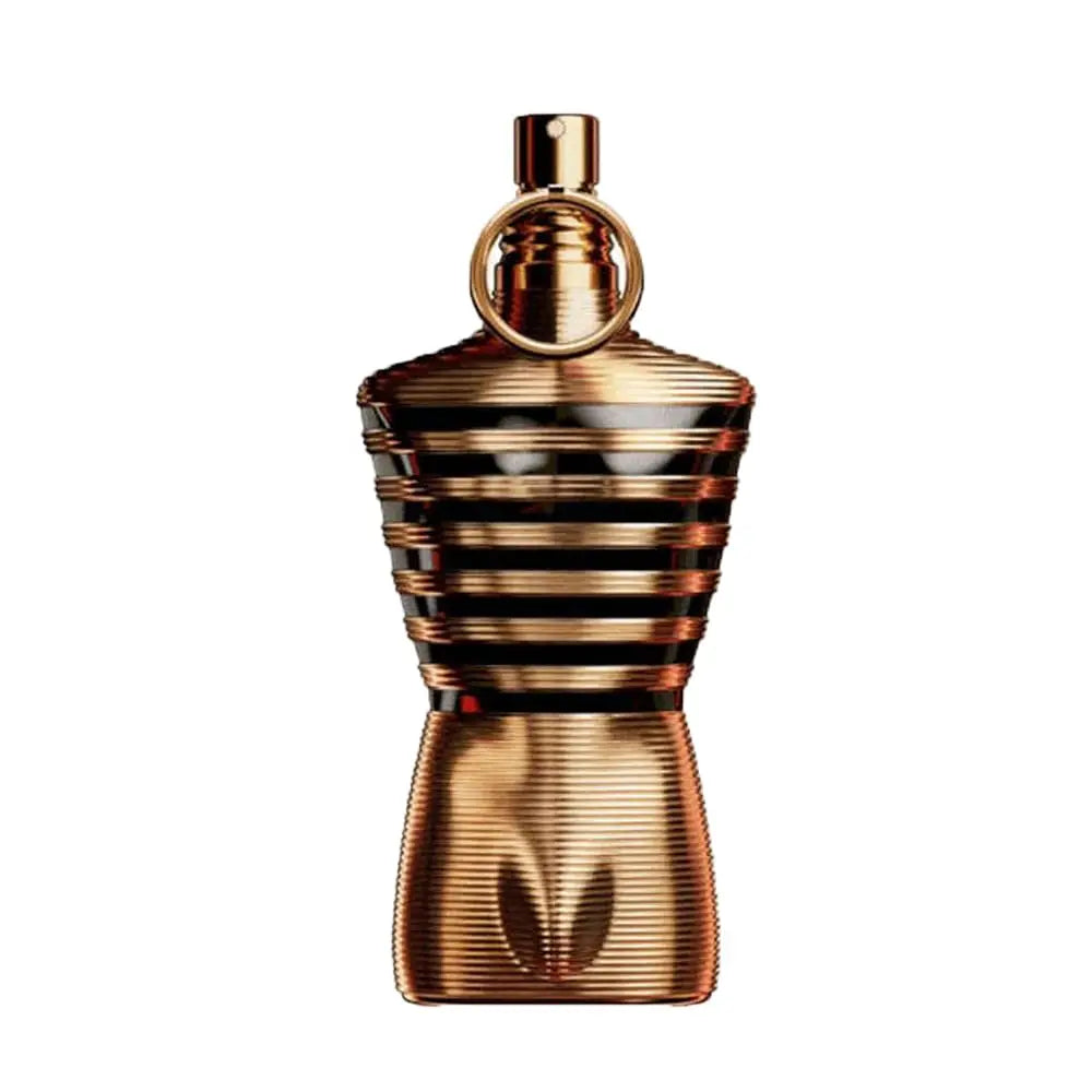 Le Male Elixir by Jean Paul Gaultier Men's 4.2 oz perfume spray features a bronze and black striped bottle shaped like a stylized male torso with a rounded cap and horizontal ridges, showcased against a white background.