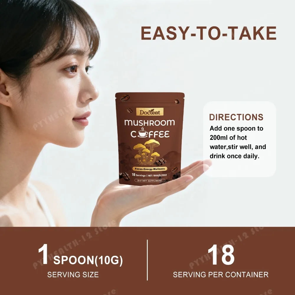 Docteat Mushroom Coffee Powder with Cordyceps, Lion's Mane, Reishi, Shiitake & Turkey Tail for Focus, Energy & Wellness, 180g
