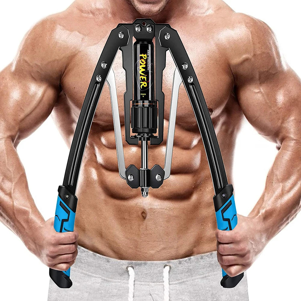 A muscular person trains their chest and arms with the Adjustable Hydraulic Power Twister, a black and blue arm forearm exerciser and expander, gripping it in front of their bare torso while wearing light gray shorts.