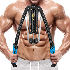 A muscular person trains their chest and arms with the Adjustable Hydraulic Power Twister, a black and blue arm forearm exerciser and expander, gripping it in front of their bare torso while wearing light gray shorts.