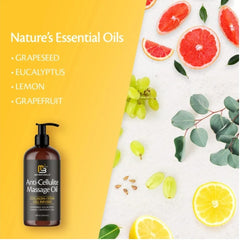 A bottle of M3 Naturals Anti-Cellulite Massage Oil with grapeseed and eucalyptus oils is displayed on a yellow and white background, surrounded by fruit slices and leaves. It moisturizes, firms skin, and improves the look of cellulite. Made in China.