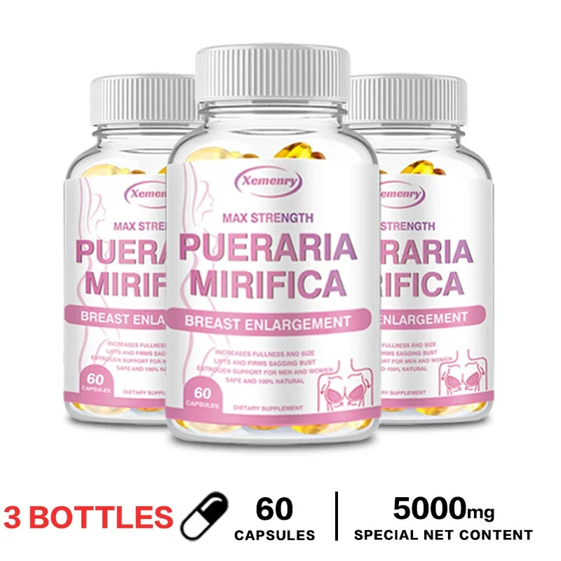 Three bottles of PUERARIA MIRIFICA Breast Supplement, each with 60 capsules and 5000mg special net content. The labels feature a mostly pink and white design, supporting bigger, rounder, firmer breasts.