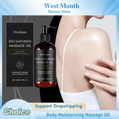 A bottle and box of Body Moisturizing Massage Oil Nourishing Smoothing Tightening Soothing Glowing Brightening Reduce Wrinkles Soft Body Massage Oil appear beside a woman applying oil to her shoulder. Text highlights collagen, rosemary, and dropshipping support.