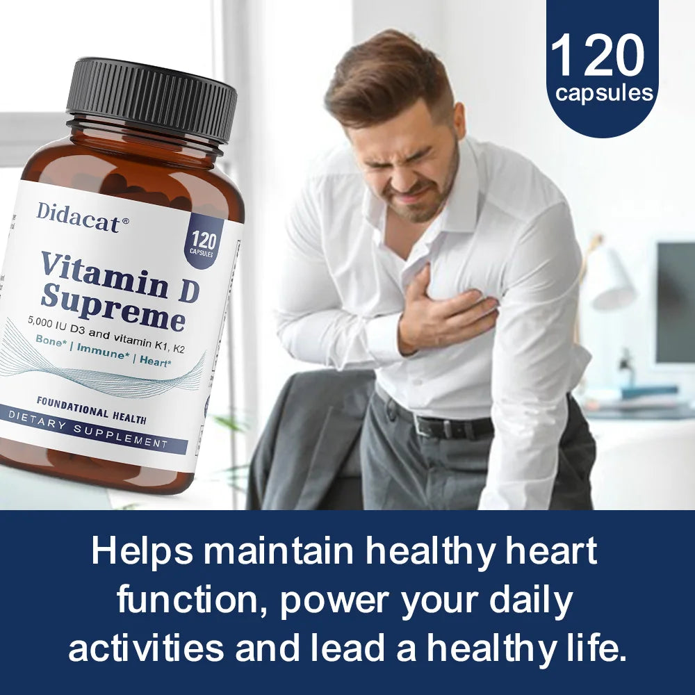 A man clutching his chest is pictured next to High Potency Vitamin D3 5000 IU, 120 vegetarian capsules. Text below highlights this supplement’s support for muscle, bone, and nervous system health for daily wellness.