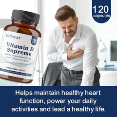 A man clutching his chest is pictured next to High Potency Vitamin D3 5000 IU, 120 vegetarian capsules. Text below highlights this supplement’s support for muscle, bone, and nervous system health for daily wellness.