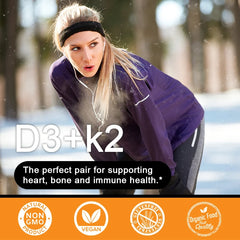 A woman in winter workout clothes and a headband catches her breath outdoors. Text: Vegetarian Vitamin D3K2 Capsules—supports immune system, heart health, strong bones, restful sleep. 120pcs unisex; icons show non-GMO, vegan, gluten-free, organic.