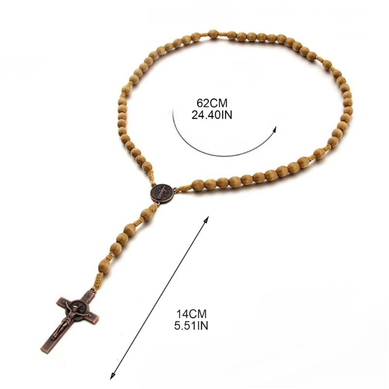 Wooden Rosary Cross Prayer Necklace