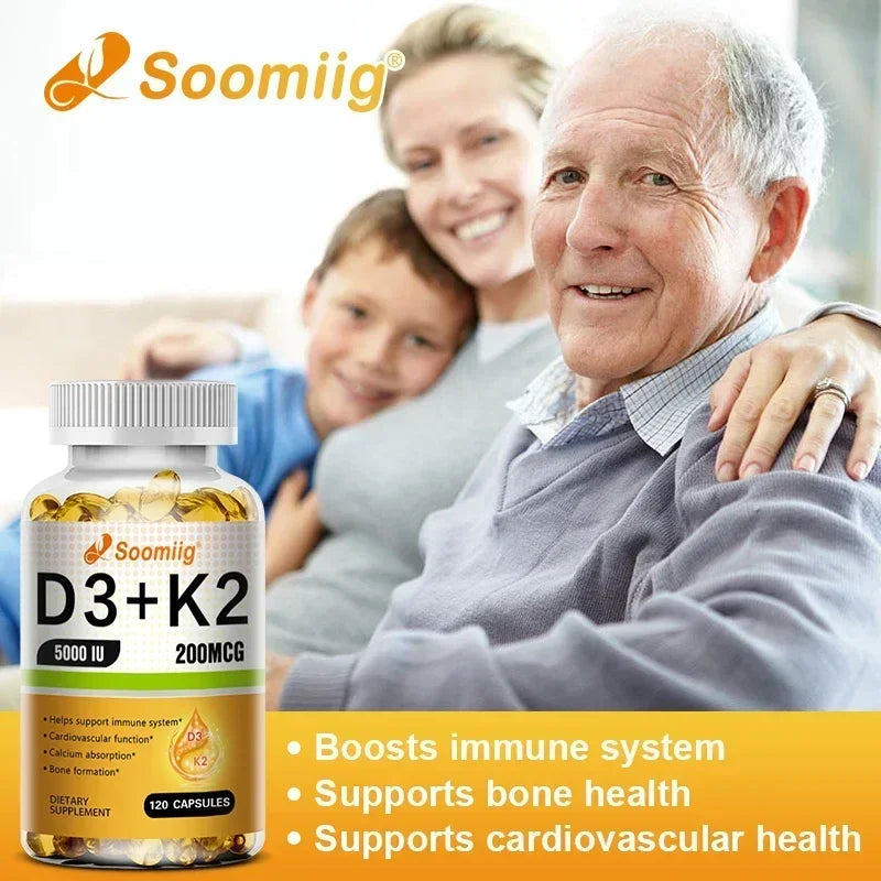 An elderly man sits smiling with a woman and child, with a Vitamin D3 5000IU and 200mcg K2 (MK-7) Capsules bottle in front. Text highlights benefits: supports calcium absorption, bone regeneration, and immune health. Easy to melt.