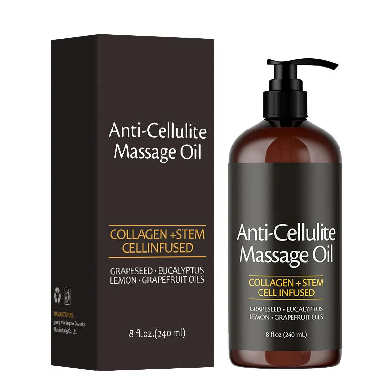 Skin Firming Body Massage Oil, 240ml: Natural aromatherapy oil for soothing skin care and body massage, enriched with collagen and infused with grapeseed, eucalyptus, lemon & grapefruit oils. Comes in a sleek bottle with black pump dispenser.