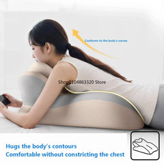 A woman lies face down on the Memory Foam Pillow Ergonomic Support, a wedge-shaped pillow for neck and leg rest made from soft polyester cotton and supportive latex foam, contouring to her body for comfortable pain relief without chest constriction.