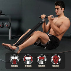 A man in a gym uses the Pedal Tension Rope Abdominal Strength Elastic Rope for an upper body workout. Target areas shown in illustrations: abs, arms, chest, and back.