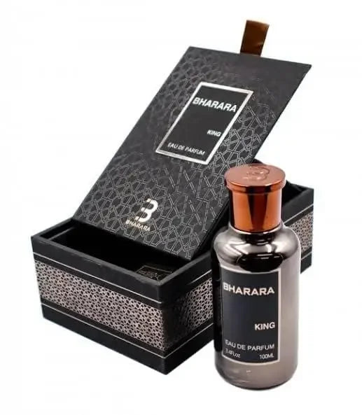 A 100ml bottle of Bharara King For Men Eau de Parfum spray, 3.4 Oz, is shown in front of its patterned box with metallic accents and an open lid, highlighting the elegant packaging. NEW IN BOX.