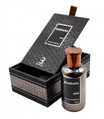 A 100ml bottle of Bharara King For Men Eau de Parfum spray, 3.4 Oz, is shown in front of its patterned box with metallic accents and an open lid, highlighting the elegant packaging. NEW IN BOX.