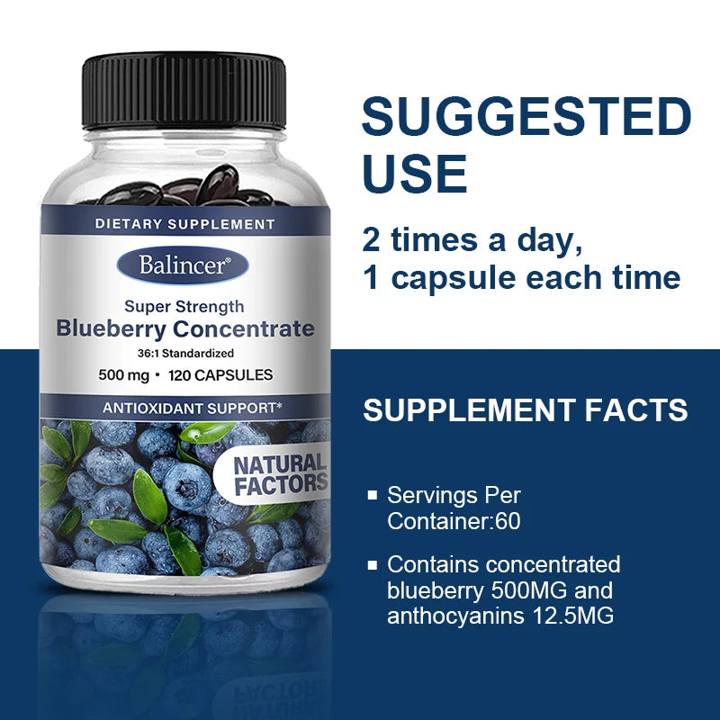 A bottle of Blueberry Capsules - 500mg, 120 count, for brain, heart, and eye health with antioxidant benefits. Suggested use: 1 capsule twice daily. Each capsule contains 500mg blueberry concentrate and 12.5mg anthocyanins.