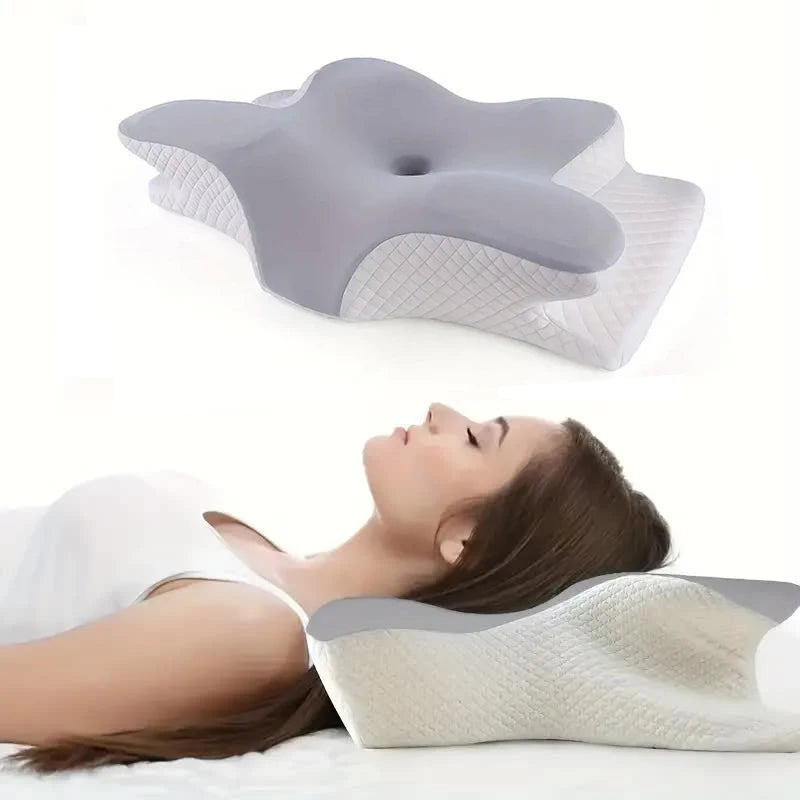A woman lies on her back with her head supported by the Memory Foam Pillows Butterfly Shaped Relaxing Cervical Pillow; the orthopedic, slow rebound pillow is also shown separately above for detail.