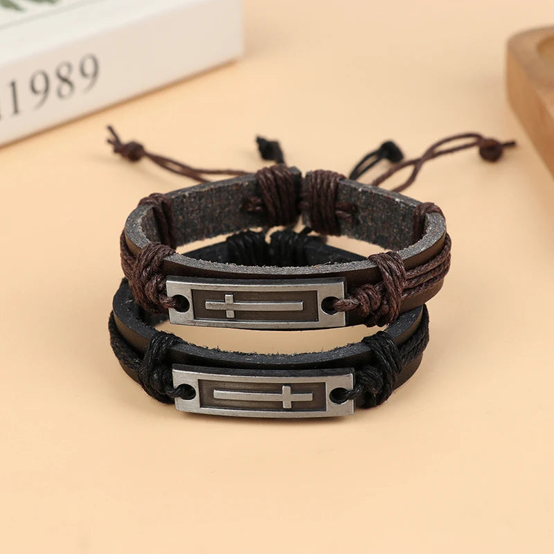 Vintage Cross Leather Rope Bracelet