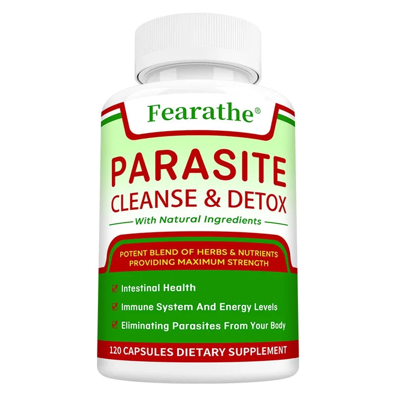 A white bottle labeled Parasite Cleanse - Bowel Cleansing Supplement with green and red text, featuring natural ingredients for digestive and immune health. Contains 120 capsules to support parasite removal and gut health.