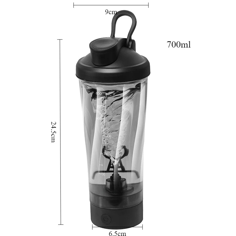 The Premium Electric Protein Shaker Cup is a transparent, BPA-free, USB rechargeable blender cup with a black lid/base and measurement marks up to 700ml. At 24.5cm tall, it features a visible mixing vortex and is made in Mainland China—ideal for indoor/outdoor use.